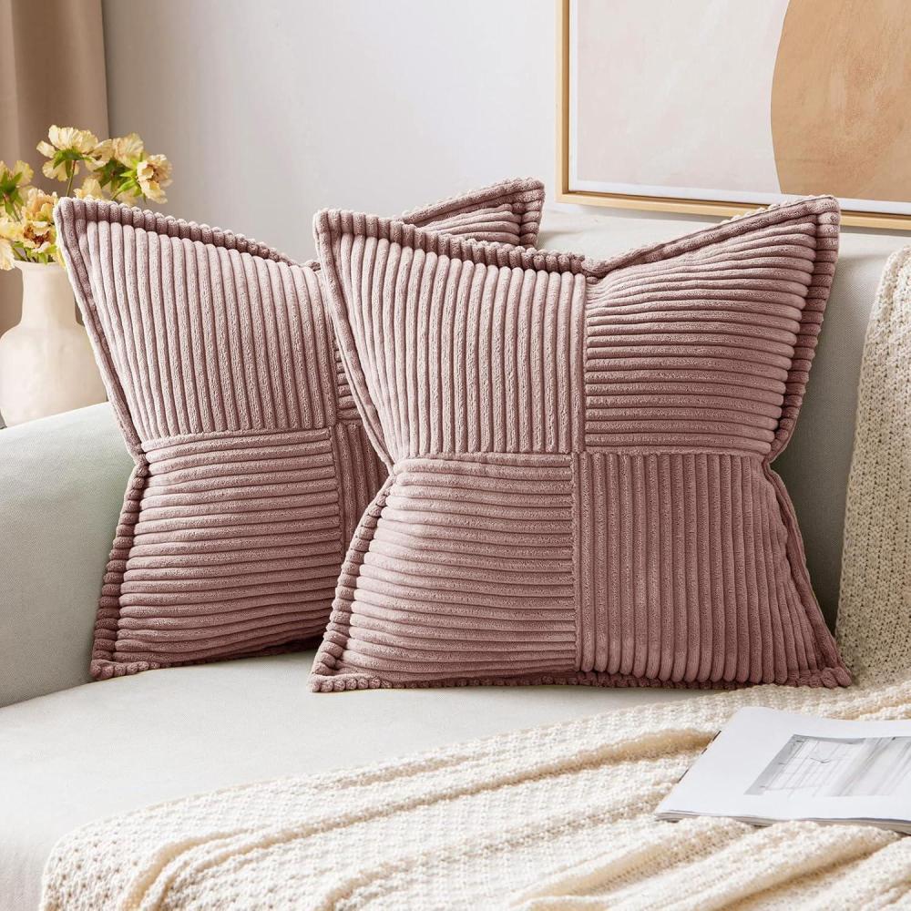 imageMIULEE Orange Fall Corduroy Decorative Euro Sham Pillow Covers 24x24 Inch with Splicing Set of 2 Soft Boho Pillow Covers Broadside Textured Summer Pillowcases for Couch Bed LivingroomBlush Pink