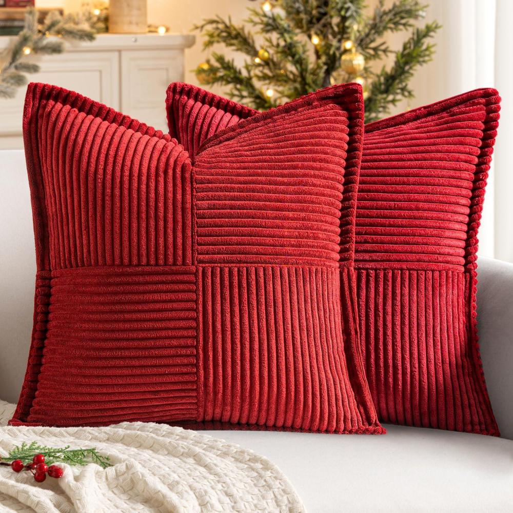 imageMIULEE Orange Fall Corduroy Decorative Euro Sham Pillow Covers 24x24 Inch with Splicing Set of 2 Soft Boho Pillow Covers Broadside Textured Summer Pillowcases for Couch Bed LivingroomRed