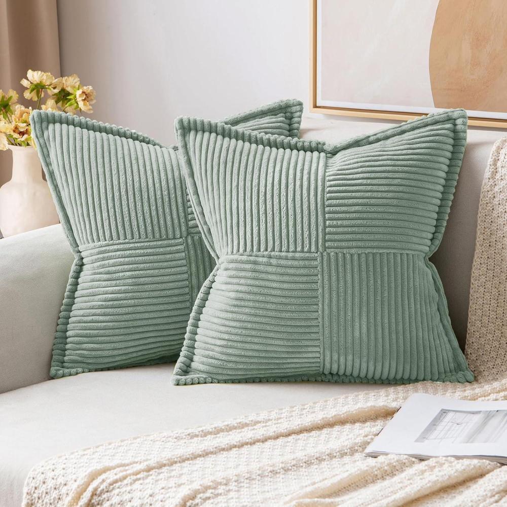 imageMIULEE Orange Fall Corduroy Decorative Euro Sham Pillow Covers 24x24 Inch with Splicing Set of 2 Soft Boho Pillow Covers Broadside Textured Summer Pillowcases for Couch Bed LivingroomGreyish Green