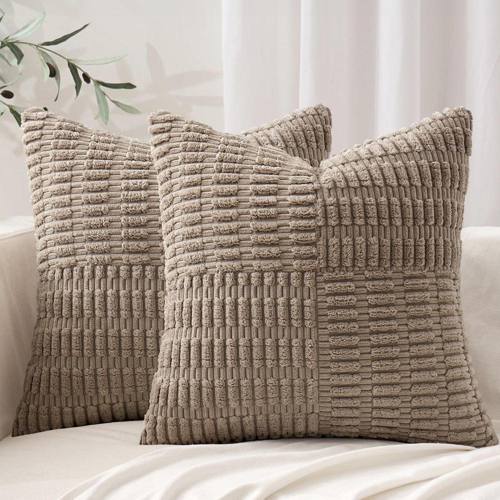 imageMIULEE Set of 2 Light Brown Decorative Pillow Covers 18x18 Inch Textured Striped Patchwork Accents Farmhouse Boho Soft Corduroy Couch Pillows for Sofa Living Room Bed Home DecorLight Brown
