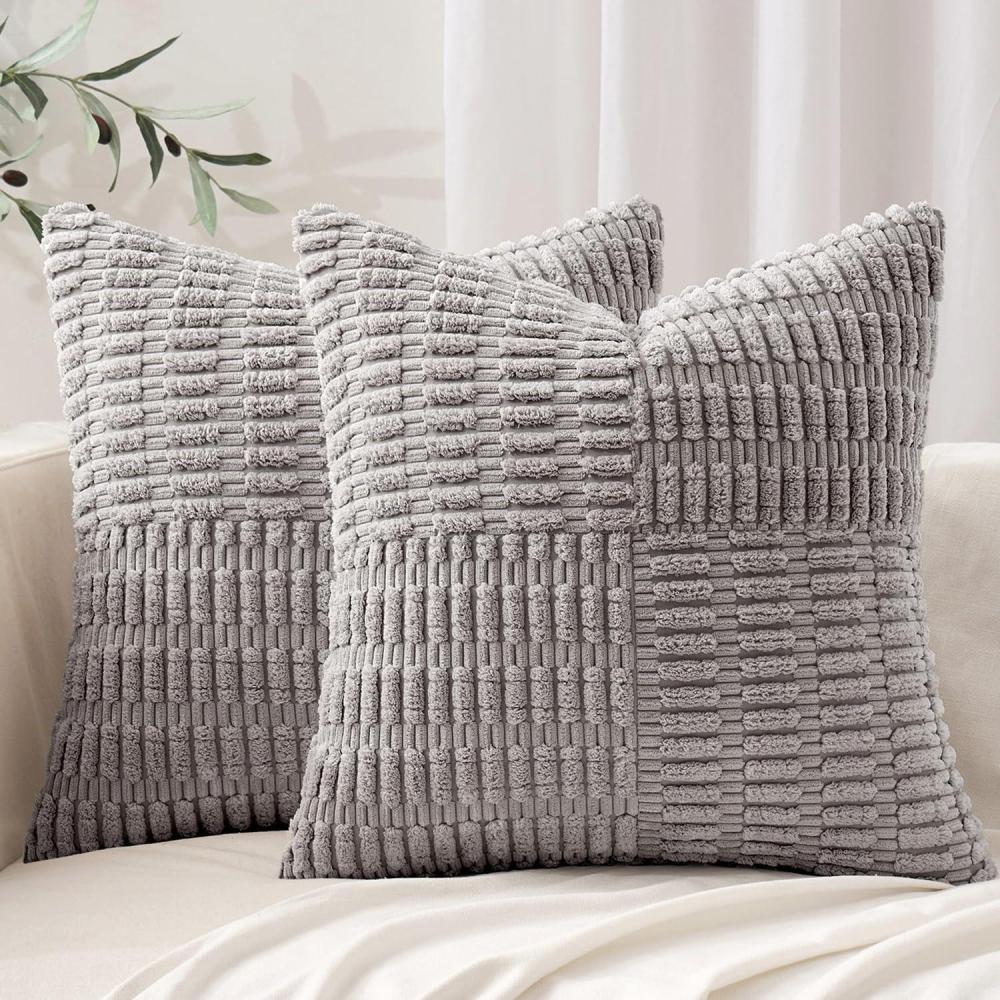 imageMIULEE Set of 2 Light Brown Decorative Pillow Covers 18x18 Inch Textured Striped Patchwork Accents Farmhouse Boho Soft Corduroy Couch Pillows for Sofa Living Room Bed Home DecorLight Grey