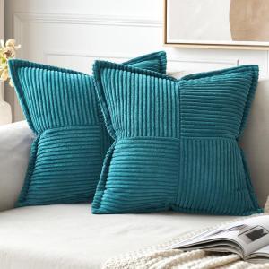 MIULEE Orange Fall Corduroy Decorative Euro Sham Pillow Covers 24×24 Inch with Splicing Set of 2 Soft Boho Pillow Covers Broadside Textured Summer Pillowcases for Couch Bed Livingroom(Teal Blue)