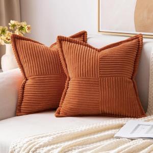 MIULEE Orange Fall Corduroy Decorative Euro Sham Pillow Covers 24×24 Inch with Splicing Set of 2 Soft Boho Pillow Covers Broadside Textured Summer Pillowcases for Couch Bed Livingroom(Rust)