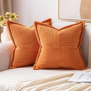 MIULEE Orange Fall Corduroy Decorative Euro Sham Pillow Covers 24×24 Inch with Splicing Set of 2 Soft Boho Pillow Covers Broadside Textured Summer Pillowcases for Couch Bed Livingroom(Orange)