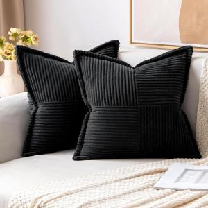 MIULEE Orange Fall Corduroy Decorative Euro Sham Pillow Covers 24×24 Inch with Splicing Set of 2 Soft Boho Pillow Covers Broadside Textured Summer Pillowcases for Couch Bed Livingroom(Black)