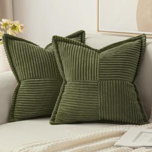 MIULEE Orange Fall Corduroy Decorative Euro Sham Pillow Covers 24×24 Inch with Splicing Set of 2 Soft Boho Pillow Covers Broadside Textured Summer Pillowcases for Couch Bed Livingroom(Olive Green)