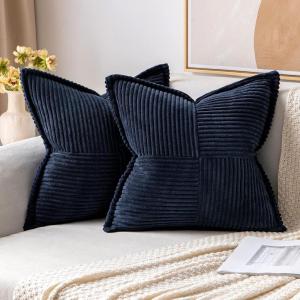 MIULEE Orange Fall Corduroy Decorative Euro Sham Pillow Covers 24×24 Inch with Splicing Set of 2 Soft Boho Pillow Covers Broadside Textured Summer Pillowcases for Couch Bed Livingroom(Navy Blue)