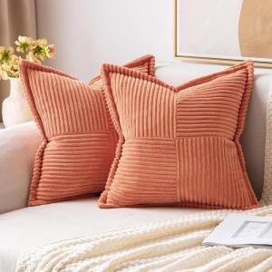 MIULEE Orange Fall Corduroy Decorative Euro Sham Pillow Covers 24×24 Inch with Splicing Set of 2 Soft Boho Pillow Covers Broadside Textured Summer Pillowcases for Couch Bed Livingroom(Coral Red)
