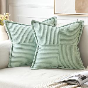 MIULEE Orange Fall Corduroy Decorative Euro Sham Pillow Covers 24×24 Inch with Splicing Set of 2 Soft Boho Pillow Covers Broadside Textured Summer Pillowcases for Couch Bed Livingroom(Mint Green)