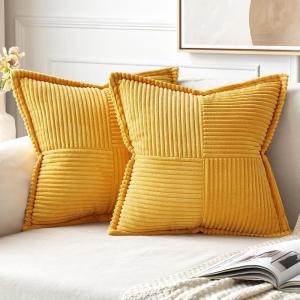 MIULEE Orange Fall Corduroy Decorative Euro Sham Pillow Covers 24×24 Inch with Splicing Set of 2 Soft Boho Pillow Covers Broadside Textured Summer Pillowcases for Couch Bed Livingroom(Golden Yellow)