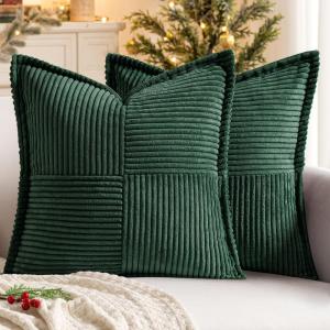 MIULEE Orange Fall Corduroy Decorative Euro Sham Pillow Covers 24×24 Inch with Splicing Set of 2 Soft Boho Pillow Covers Broadside Textured Summer Pillowcases for Couch Bed Livingroom(Dark Green)
