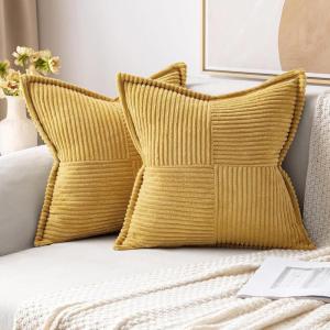 MIULEE Orange Fall Corduroy Decorative Euro Sham Pillow Covers 24×24 Inch with Splicing Set of 2 Soft Boho Pillow Covers Broadside Textured Summer Pillowcases for Couch Bed Livingroom(Gold)