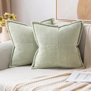 MIULEE Orange Fall Corduroy Decorative Euro Sham Pillow Covers 24×24 Inch with Splicing Set of 2 Soft Boho Pillow Covers Broadside Textured Summer Pillowcases for Couch Bed Livingroom(Light Green)
