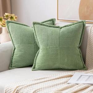 MIULEE Orange Fall Corduroy Decorative Euro Sham Pillow Covers 24×24 Inch with Splicing Set of 2 Soft Boho Pillow Covers Broadside Textured Summer Pillowcases for Couch Bed Livingroom(Sage Green)