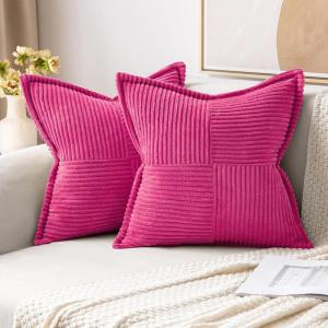 MIULEE Orange Fall Corduroy Decorative Euro Sham Pillow Covers 24×24 Inch with Splicing Set of 2 Soft Boho Pillow Covers Broadside Textured Summer Pillowcases for Couch Bed Livingroom(Hot Pink)