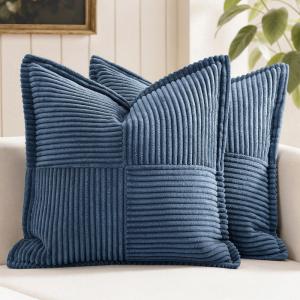 MIULEE Orange Fall Corduroy Decorative Euro Sham Pillow Covers 24×24 Inch with Splicing Set of 2 Soft Boho Pillow Covers Broadside Textured Summer Pillowcases for Couch Bed Livingroom(Blue)