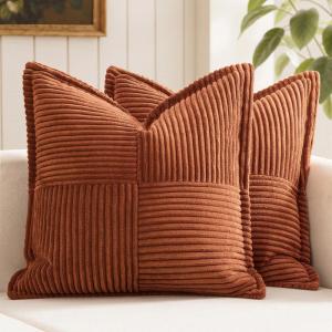 MIULEE Orange Fall Corduroy Decorative Euro Sham Pillow Covers 24×24 Inch with Splicing Set of 2 Soft Boho Pillow Covers Broadside Textured Summer Pillowcases for Couch Bed Livingroom(Dark Rust)