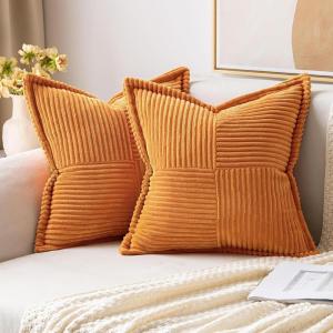 MIULEE Orange Fall Corduroy Decorative Euro Sham Pillow Covers 24×24 Inch with Splicing Set of 2 Soft Boho Pillow Covers Broadside Textured Summer Pillowcases for Couch Bed Livingroom(Burnt Orange)