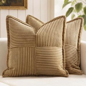 MIULEE Orange Fall Corduroy Decorative Euro Sham Pillow Covers 24×24 Inch with Splicing Set of 2 Soft Boho Pillow Covers Broadside Textured Summer Pillowcases for Couch Bed Livingroom(Brown)