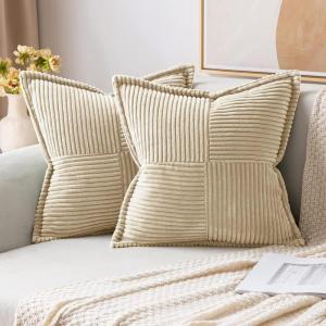 MIULEE Orange Fall Corduroy Decorative Euro Sham Pillow Covers 24×24 Inch with Splicing Set of 2 Soft Boho Pillow Covers Broadside Textured Summer Pillowcases for Couch Bed Livingroom(Cream)