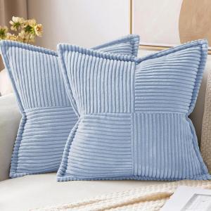 MIULEE Orange Fall Corduroy Decorative Euro Sham Pillow Covers 24×24 Inch with Splicing Set of 2 Soft Boho Pillow Covers Broadside Textured Summer Pillowcases for Couch Bed Livingroom(Lightblue)