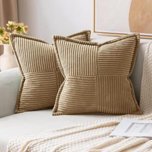 MIULEE Orange Fall Corduroy Decorative Euro Sham Pillow Covers 24×24 Inch with Splicing Set of 2 Soft Boho Pillow Covers Broadside Textured Summer Pillowcases for Couch Bed Livingroom(Khaki)