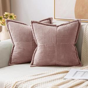 MIULEE Orange Fall Corduroy Decorative Euro Sham Pillow Covers 24×24 Inch with Splicing Set of 2 Soft Boho Pillow Covers Broadside Textured Summer Pillowcases for Couch Bed Livingroom(Blush Pink)