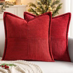 MIULEE Orange Fall Corduroy Decorative Euro Sham Pillow Covers 24×24 Inch with Splicing Set of 2 Soft Boho Pillow Covers Broadside Textured Summer Pillowcases for Couch Bed Livingroom(Red)