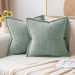 MIULEE Orange Fall Corduroy Decorative Euro Sham Pillow Covers 24×24 Inch with Splicing Set of 2 Soft Boho Pillow Covers Broadside Textured Summer Pillowcases for Couch Bed Livingroom(Greyish Green)