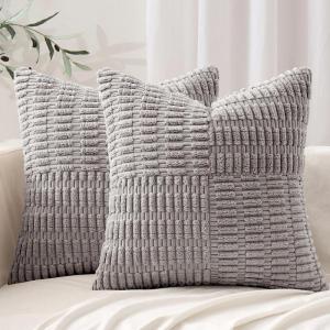 MIULEE Set of 2 Light Brown Decorative Pillow Covers 18×18 Inch Textured Striped Patchwork Accents Farmhouse Boho Soft Corduroy Couch Pillows for Sofa Living Room Bed Home Decor(Light Grey)