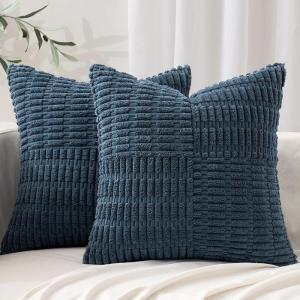 MIULEE Set of 2 Light Brown Decorative Pillow Covers 18×18 Inch Textured Striped Patchwork Accents Farmhouse Boho Soft Corduroy Couch Pillows for Sofa Living Room Bed Home Decor(Blue)