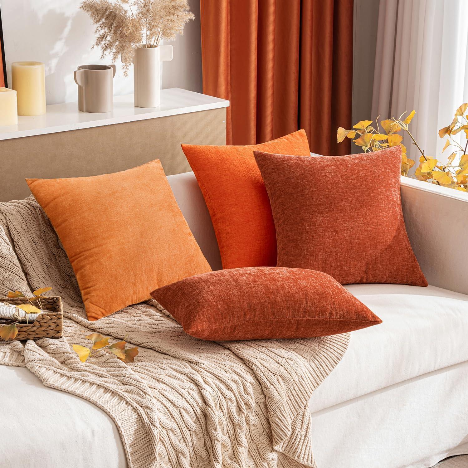 imageMIULEE Pack of 2 Couch Throw Pillow Covers 18x18 Inch Soft Gold Chenille Pillow Covers for Sofa Living Room Spring Home Decor Couch Solid Dyed CasesBright Orange