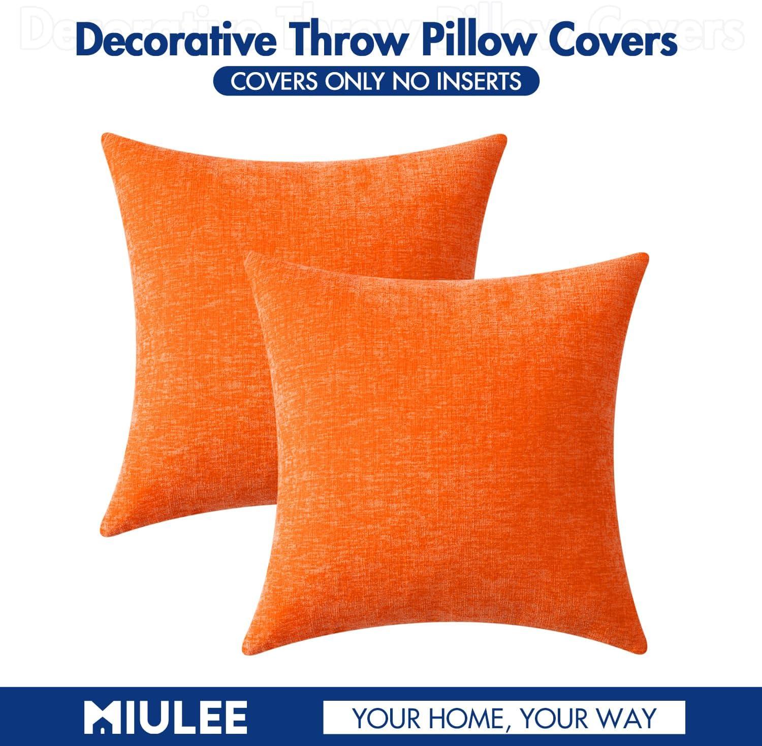 imageMIULEE Pack of 2 Couch Throw Pillow Covers 18x18 Inch Soft Gold Chenille Pillow Covers for Sofa Living Room Spring Home Decor Couch Solid Dyed CasesBright Orange