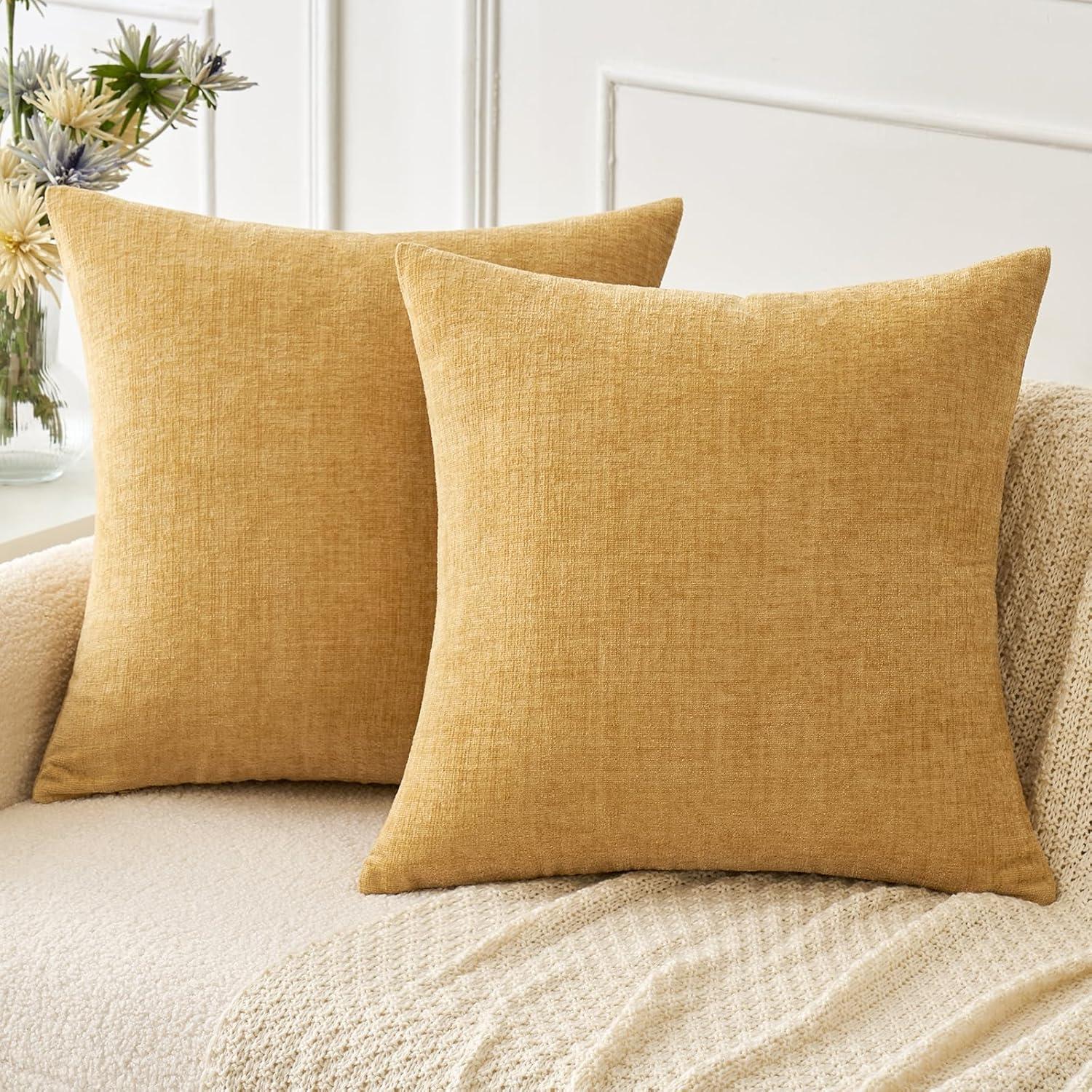imageMIULEE Pack of 2 Couch Throw Pillow Covers 18x18 Inch Soft Gold Chenille Pillow Covers for Sofa Living Room Spring Home Decor Couch Solid Dyed CasesGold