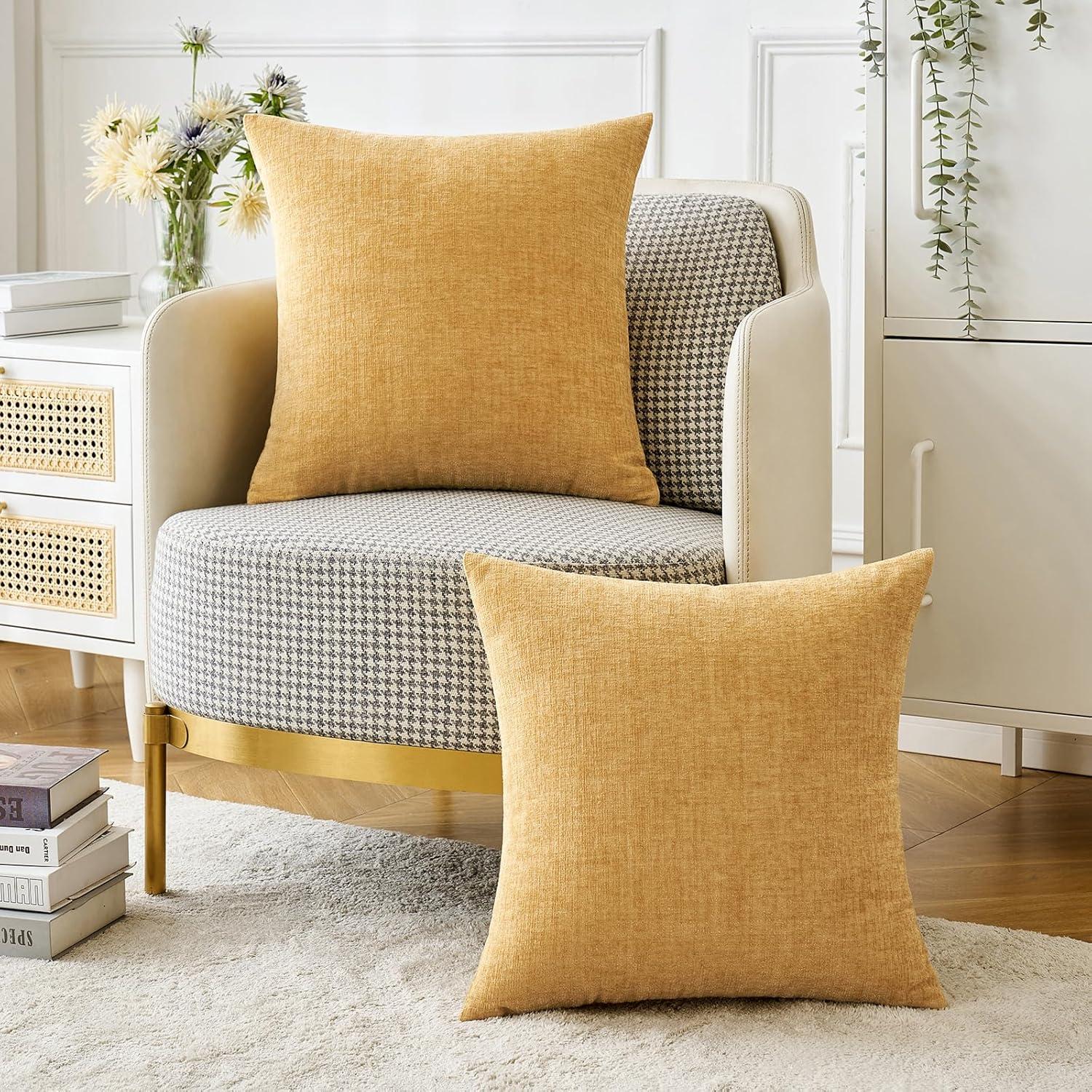 imageMIULEE Pack of 2 Couch Throw Pillow Covers 18x18 Inch Soft Gold Chenille Pillow Covers for Sofa Living Room Spring Home Decor Couch Solid Dyed CasesGold