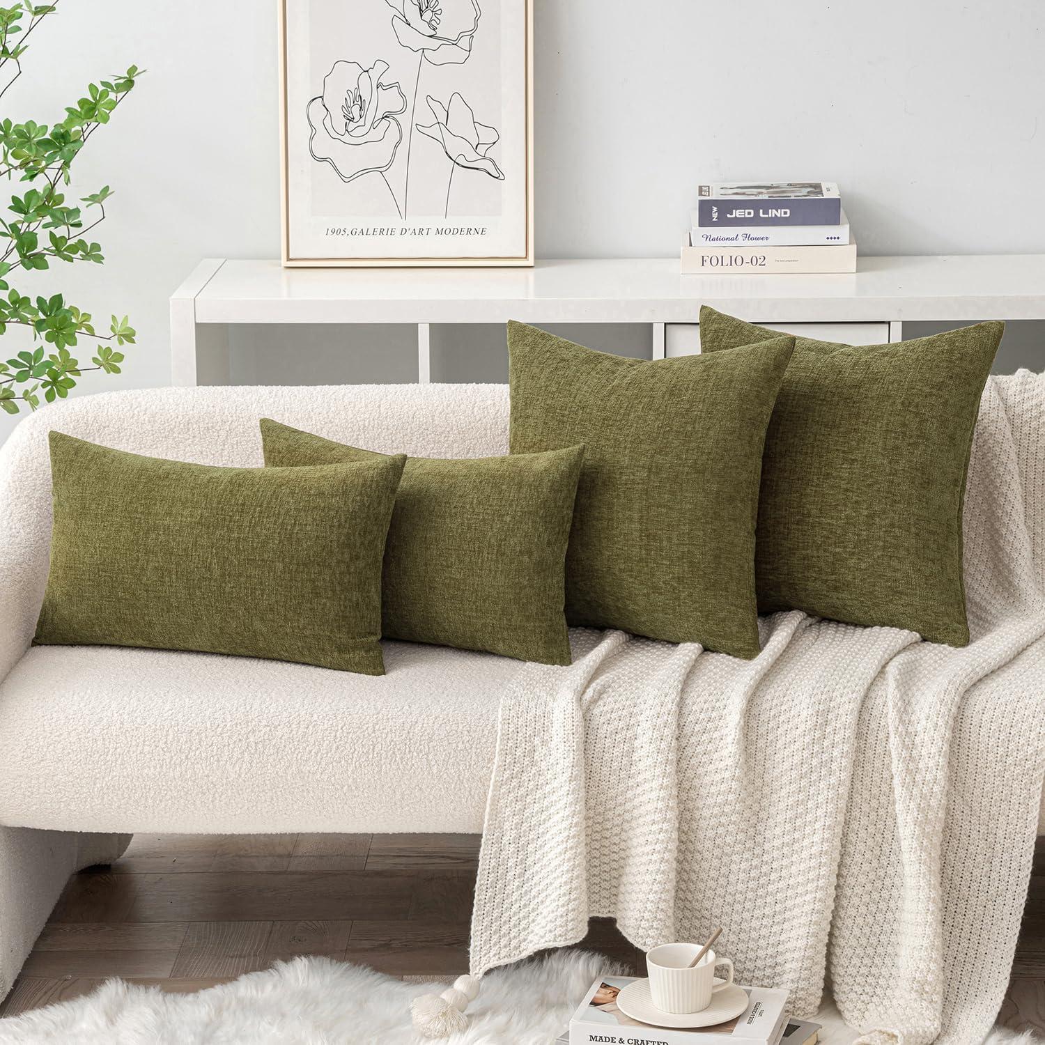 imageMIULEE Pack of 2 Couch Throw Pillow Covers 18x18 Inch Soft Gold Chenille Pillow Covers for Sofa Living Room Spring Home Decor Couch Solid Dyed CasesOlive Green