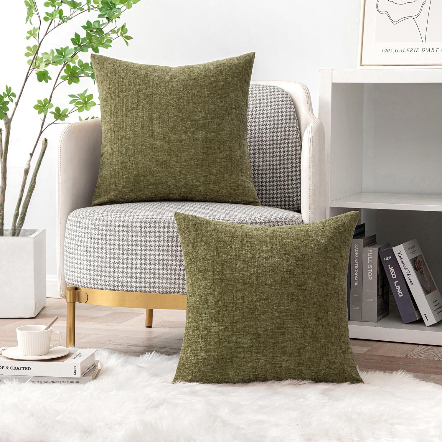 imageMIULEE Pack of 2 Couch Throw Pillow Covers 18x18 Inch Soft Gold Chenille Pillow Covers for Sofa Living Room Spring Home Decor Couch Solid Dyed CasesOlive Green