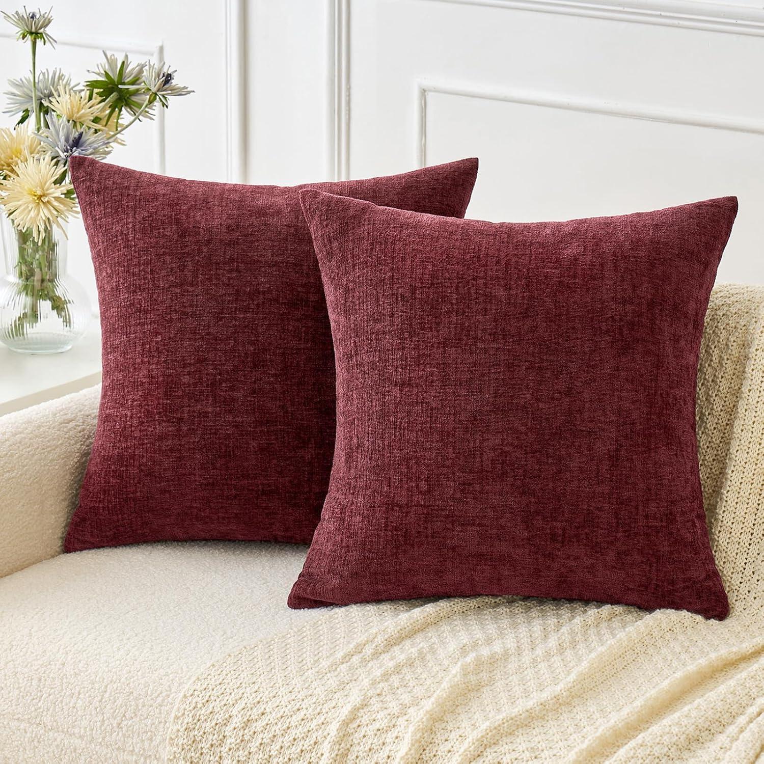 imageMIULEE Pack of 2 Couch Throw Pillow Covers 18x18 Inch Soft Gold Chenille Pillow Covers for Sofa Living Room Spring Home Decor Couch Solid Dyed CasesWine Red