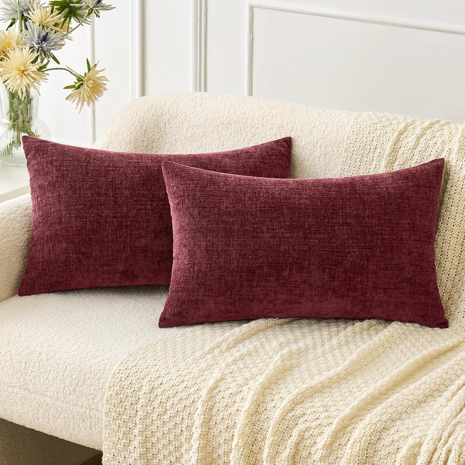 imageMIULEE Pack of 2 Couch Throw Pillow Covers 18x18 Inch Soft Gold Chenille Pillow Covers for Sofa Living Room Spring Home Decor Couch Solid Dyed CasesWine Red