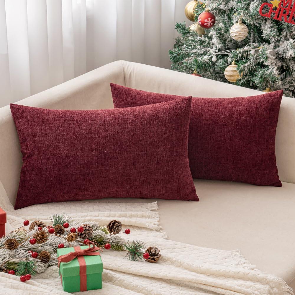 imageMIULEE Pack of 2 Couch Throw Pillow Covers 18x18 Inch Soft Gold Chenille Pillow Covers for Sofa Living Room Spring Home Decor Couch Solid Dyed CasesWine Red