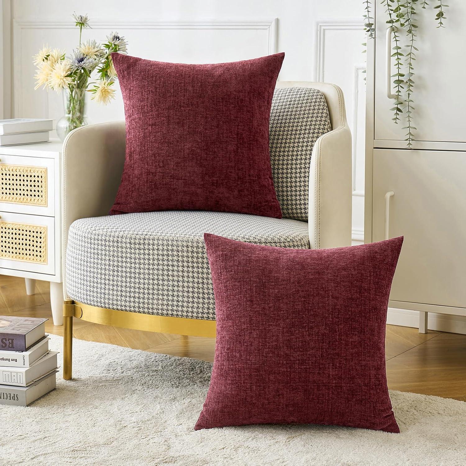 imageMIULEE Pack of 2 Couch Throw Pillow Covers 18x18 Inch Soft Gold Chenille Pillow Covers for Sofa Living Room Spring Home Decor Couch Solid Dyed CasesWine Red