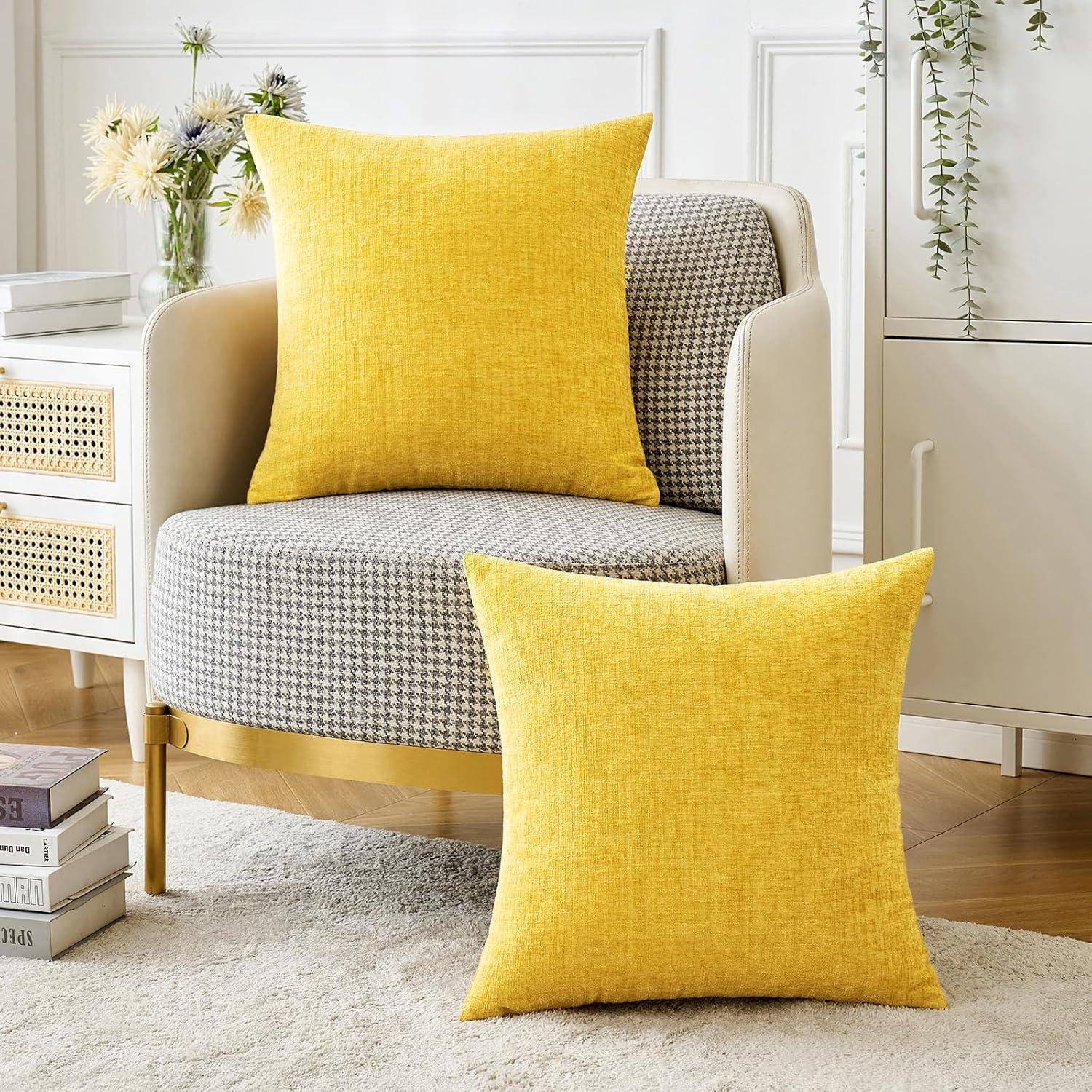 imageMIULEE Pack of 2 Couch Throw Pillow Covers 18x18 Inch Soft Gold Chenille Pillow Covers for Sofa Living Room Spring Home Decor Couch Solid Dyed CasesYellow