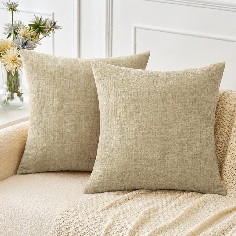imageMIULEE Pack of 2 Couch Throw Pillow Covers 18x18 Inch Soft Gold Chenille Pillow Covers for Sofa Living Room Spring Home Decor Couch Solid Dyed CasesBeige