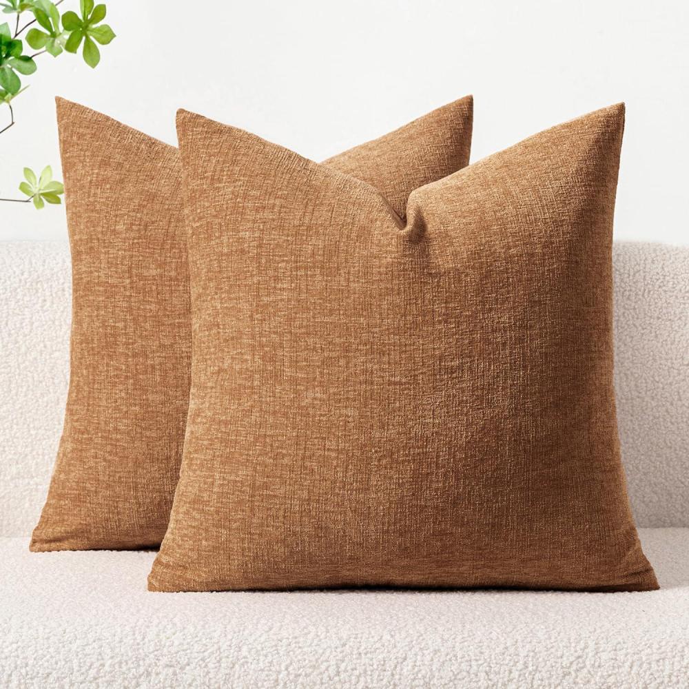 imageMIULEE Pack of 2 Couch Throw Pillow Covers 18x18 Inch Soft Gold Chenille Pillow Covers for Sofa Living Room Spring Home Decor Couch Solid Dyed CasesBrown