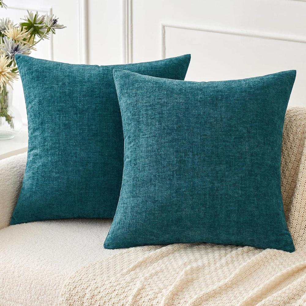 imageMIULEE Pack of 2 Couch Throw Pillow Covers 18x18 Inch Soft Gold Chenille Pillow Covers for Sofa Living Room Spring Home Decor Couch Solid Dyed CasesDark Teal