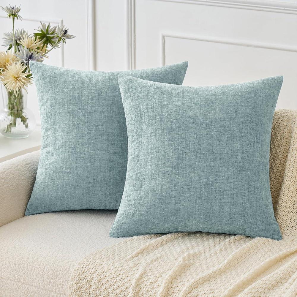 imageMIULEE Pack of 2 Couch Throw Pillow Covers 18x18 Inch Soft Gold Chenille Pillow Covers for Sofa Living Room Spring Home Decor Couch Solid Dyed CasesLight Blue