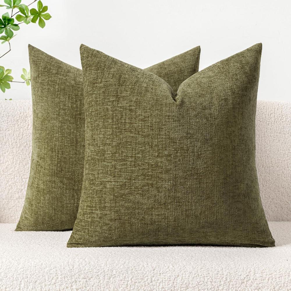 imageMIULEE Pack of 2 Couch Throw Pillow Covers 18x18 Inch Soft Gold Chenille Pillow Covers for Sofa Living Room Spring Home Decor Couch Solid Dyed CasesOlive Green