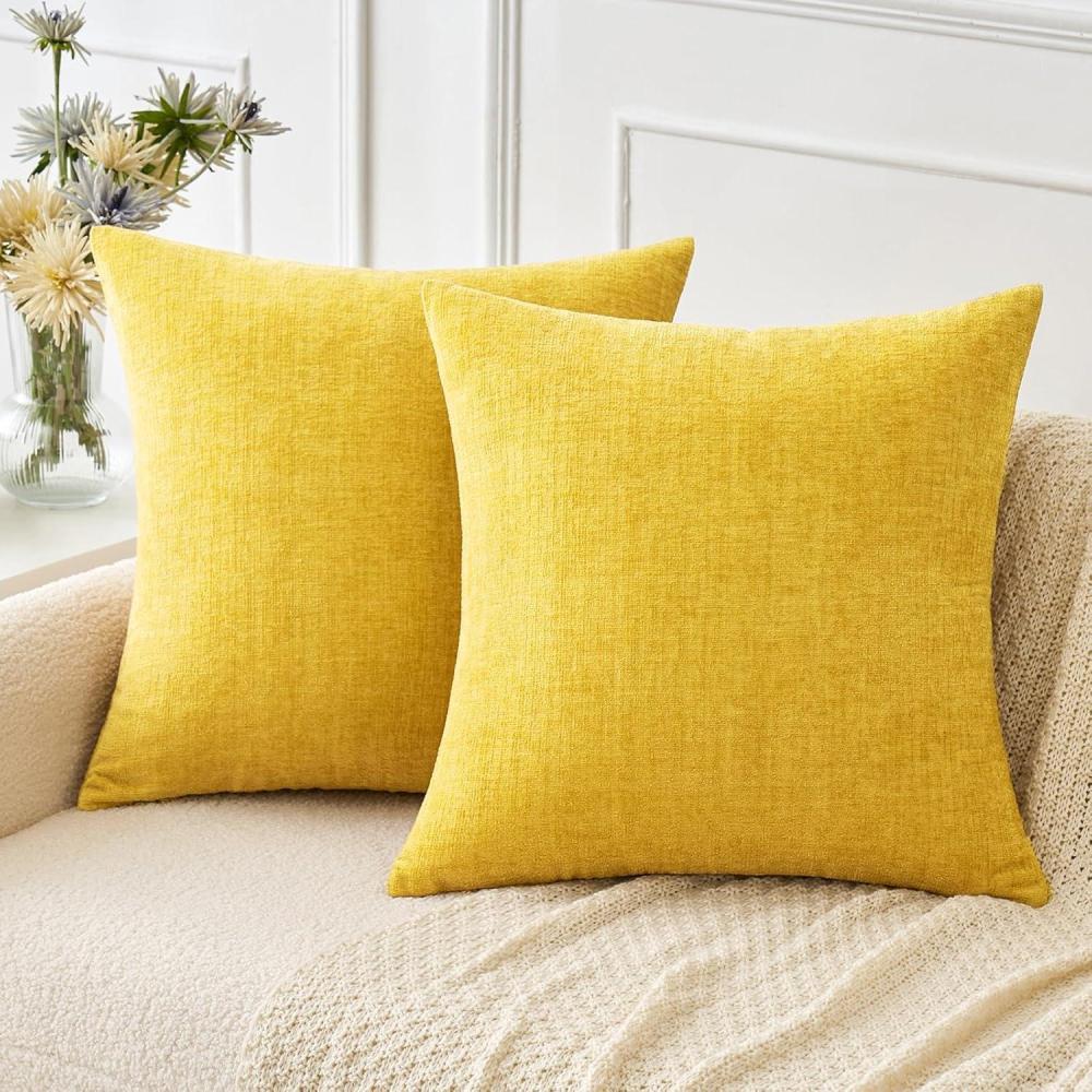 imageMIULEE Pack of 2 Couch Throw Pillow Covers 18x18 Inch Soft Gold Chenille Pillow Covers for Sofa Living Room Spring Home Decor Couch Solid Dyed CasesYellow