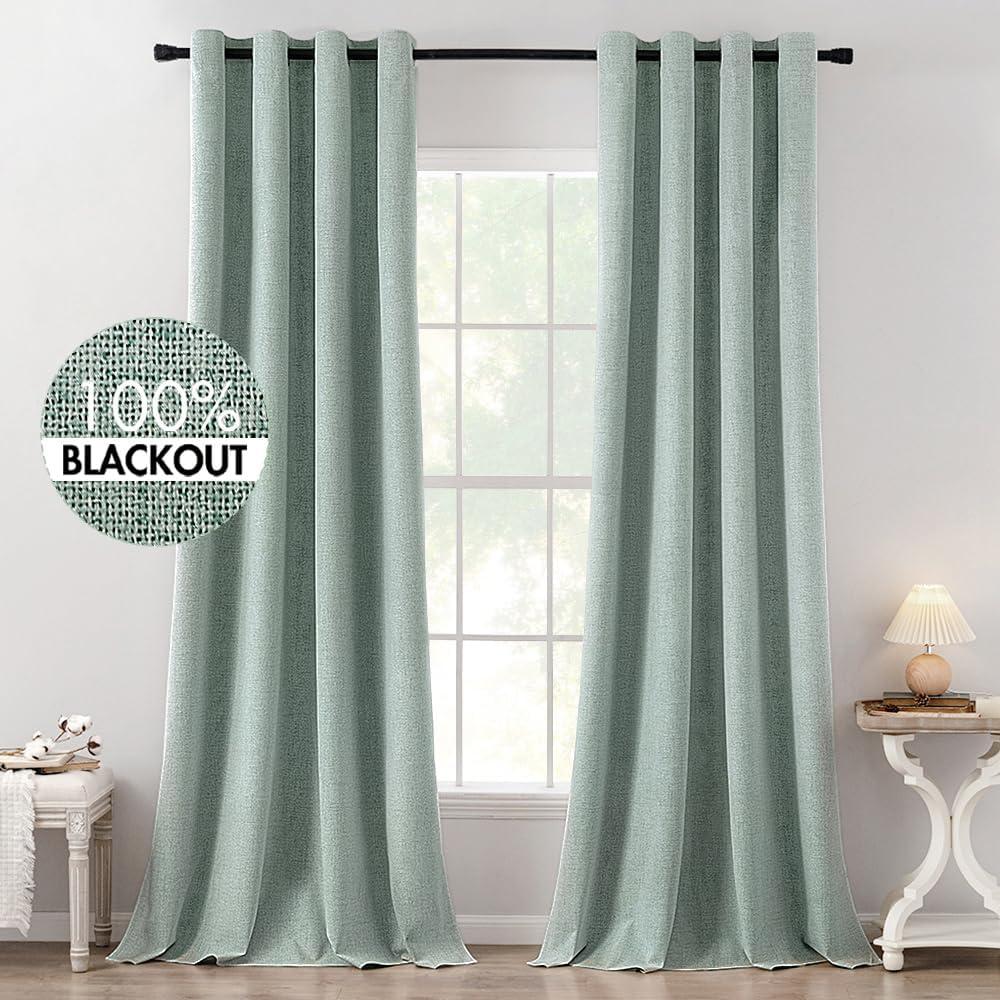 imageMIULEE 90 Inches Linen Textured Curtains for Bedroom 100 Blackout Thermal Insulated Natural Beige Grommet Room Darkening Curtains ampamp Drapes Luxury Decor for Living Room Nursery 52 x 90 Inch 2 PanelsSeafoam Green
