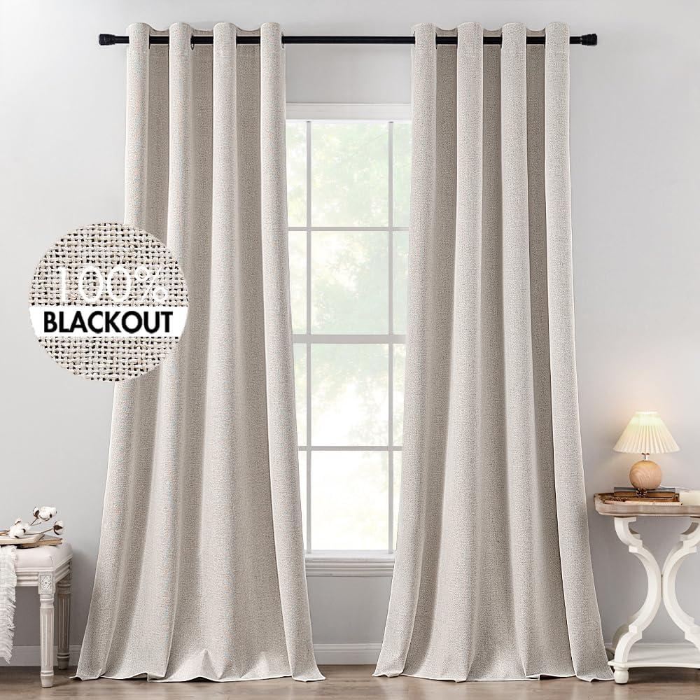 imageMIULEE 90 Inches Linen Textured Curtains for Bedroom 100 Blackout Thermal Insulated Natural Beige Grommet Room Darkening Curtains ampamp Drapes Luxury Decor for Living Room Nursery 52 x 90 Inch 2 PanelsIvory